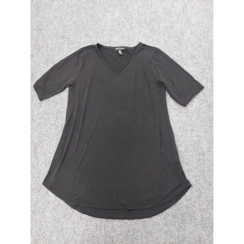 Eileen Fisher Tunic top Womens XS Black V Neck Lyocell Curved Hem Minimalist